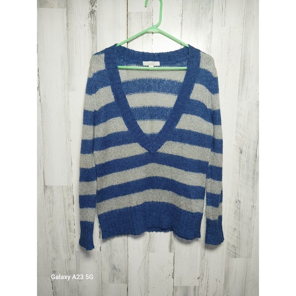 Caslon Women's Large Gray Blue Stripe V Neck Sweater Mohair Blend